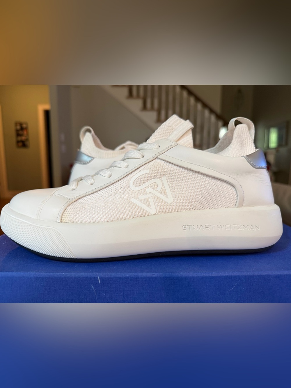 Stuart Weitzman 5050 Pro All-White Leather & Knit Low-Top Sneakers